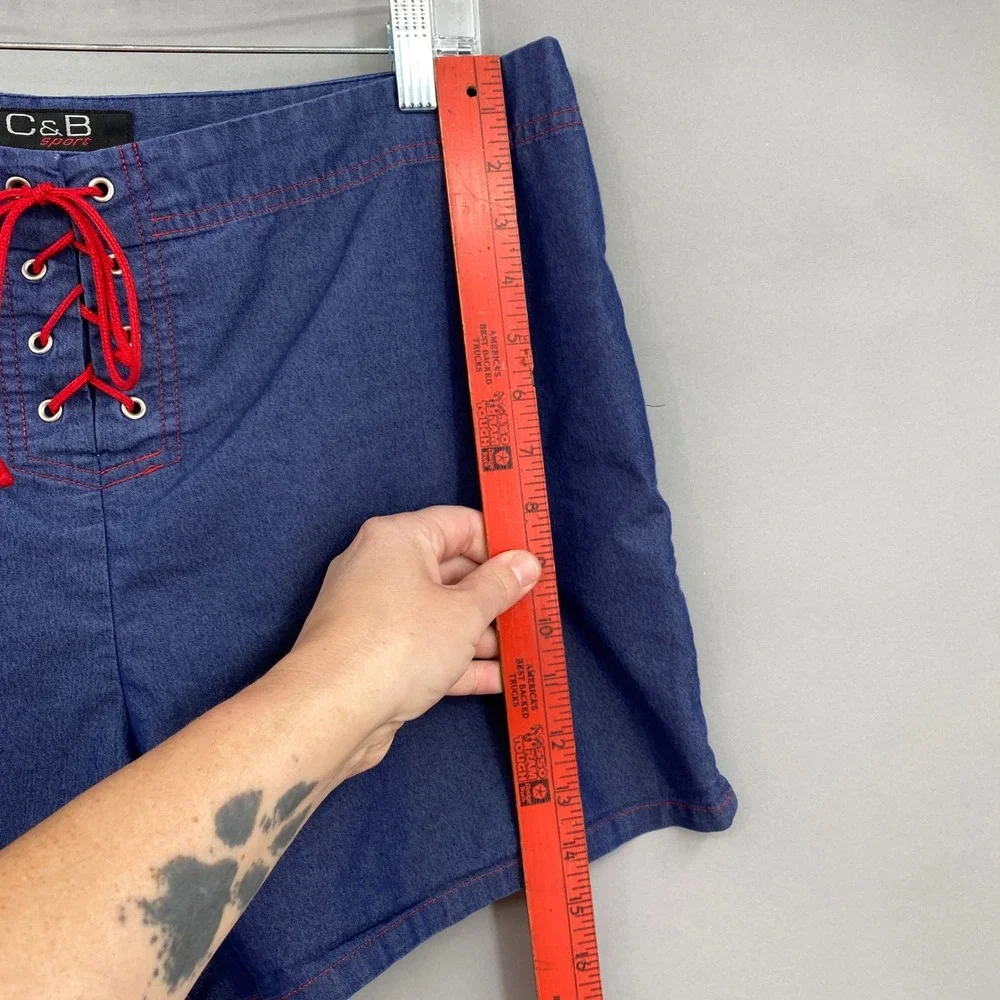 Y2K C&B Sport‎ Croft & Barrow Shorts Womens 16 Blue Denim Look Lace Up Red vtg